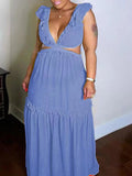 Momyknows Light Blue Cut Out Backless Tie Back Jasmine Ruffle Baby Shower Maternity Dress