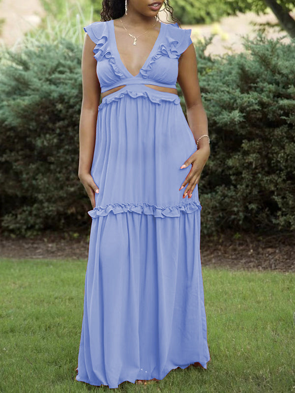 Momyknows Light Blue Cut Out Backless Tie Back Jasmine Ruffle Baby Shower Maternity Dress