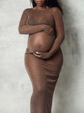 Momyknows Brown Bright Wire Backless Sheer Slit Fashion Photoshoot Maternity Maxi Dress