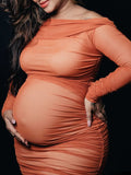 Momyknows Caramel Off Shoulder Grenadine Ruched Elegant Baby Shower Maternity Midi Dress