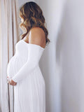 Momyknows White Off Shoulder Ruffle Long Sleeve Baby Shower Photoshoot Maternity Maxi Dress