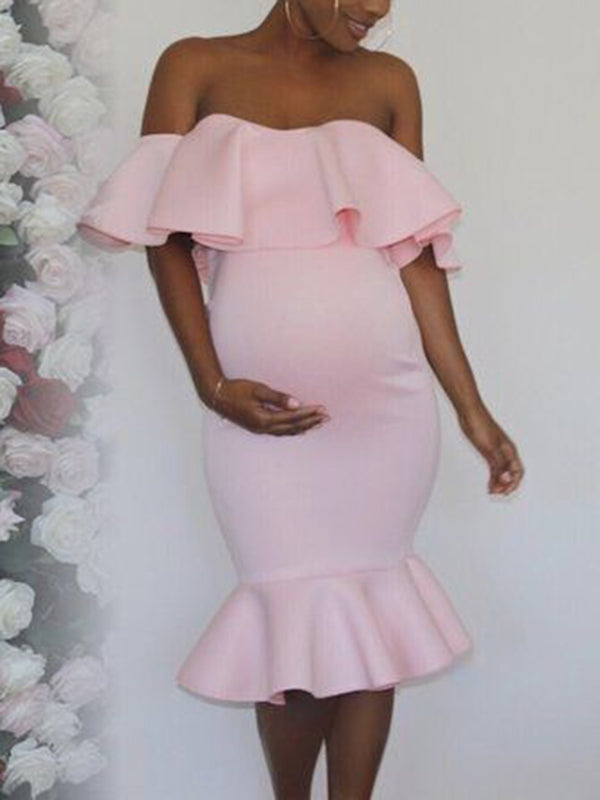 Momyknows Pink Ruffle Off Shoulder Bodycon Mermaid Baby Shower Maternity Midi Dress