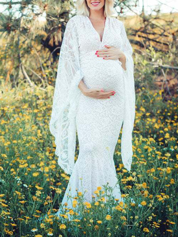 Momyknows White Lace Trumpet V-Neck Flare Sleeve Bodycon Prom Wedding Gown Photoshoot Maternity Maxi Dress