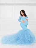 Momyknows Off Shoulder Lace Grenadine Splicing Mermaid Bodycon Tulle Photoshoot Maternity Maxi Dress