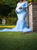 Momyknows Off Shoulder Lace Grenadine Splicing Mermaid Bodycon Tulle Photoshoot Maternity Maxi Dress