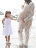 Momyknows White Lace Robe V-neck Bathtub Photoshoot Plus Size Maternity Maxi Dress