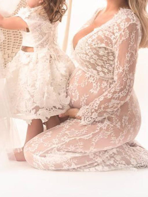 Momyknows White Lace Robe V-neck Bathtub Photoshoot Plus Size Maternity Maxi Dress