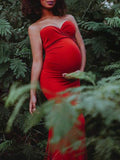 Momyknows Red Off Shoulder Sleeveless Bodycon Photoshoot Maternity Maxi Dress