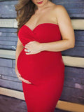 Momyknows Red Off Shoulder Sleeveless Bodycon Photoshoot Maternity Maxi Dress