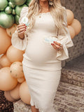 Momyknows Ruffle Off Shoulder Long Sleeve Puff Sleeve Cottagecore Cream Bodycon Baby Shower Maternity Midi Dress