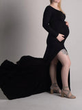 Momyknows Side Split Mermaid Off Shoulder Bodycon Photoshoot Maternity Maxi Dress