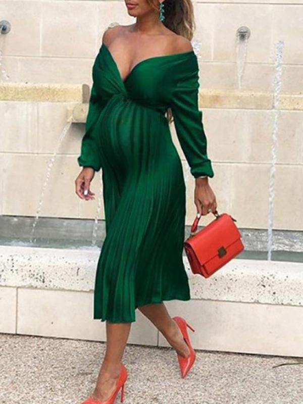 Momyknows Ruffle V-Neck Off Shoulder Long Sleeve Elegant Babyshower Maternity Midi Dress
