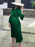 Momyknows Ruffle V-Neck Off Shoulder Long Sleeve Elegant Babyshower Maternity Midi Dress