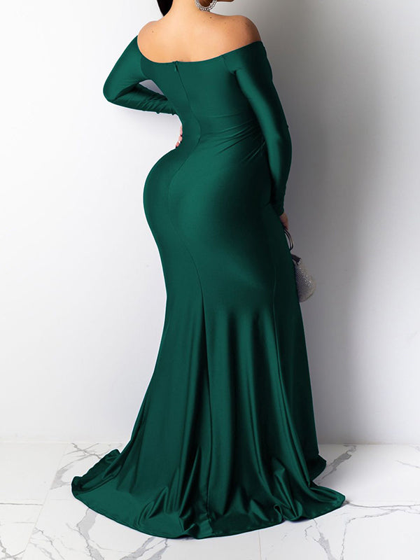 Momyknows Green Off Shoulder Long Sleeve High Split Bodycon Solid Baby Shower Evening Gown Maternity Maxi Dress