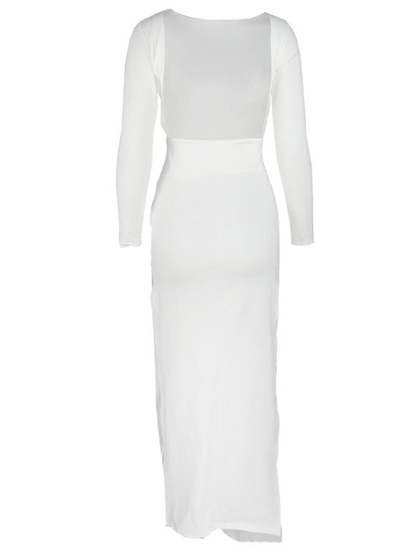 Momyknows White Backless Side Slit Long Sleeve Bodycon Party Baby Shower Maternity Maxi Dress
