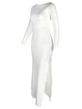Momyknows White Backless Side Slit Long Sleeve Bodycon Party Baby Shower Maternity Maxi Dress