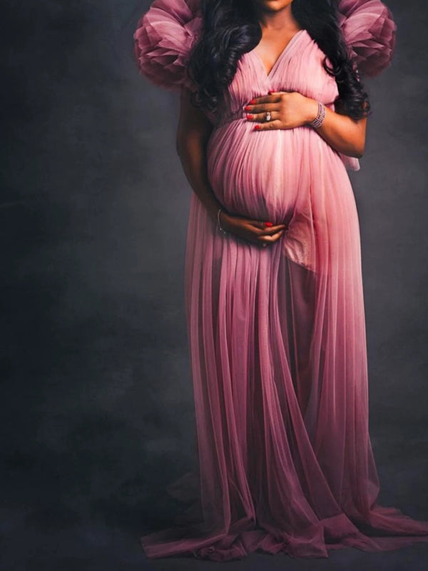 Momyknows Tulle Ruffle V-neck Slit Plus Size Photoshoot Baby Shower Maternity Maxi Dress