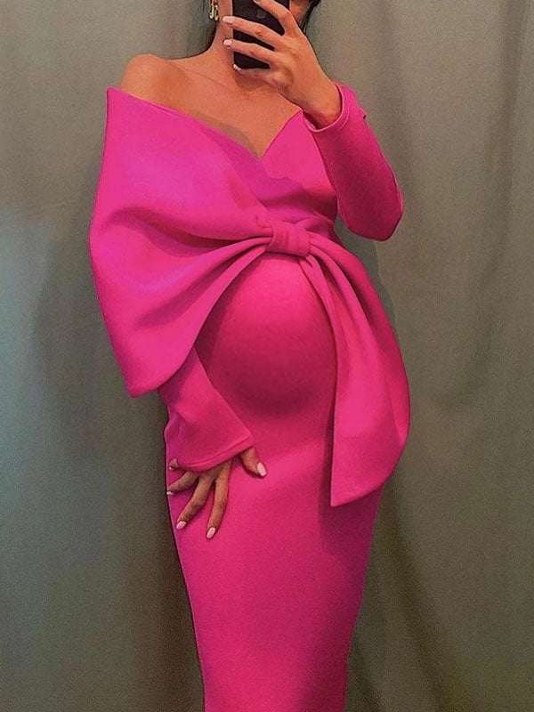 Momyknows Off Shoulder Irregular Ruffle Bowknot V-Neck Long Sleeve Slit Bodycon Party Baby Shower Cute Plus Size Maternity Maxi Dress
