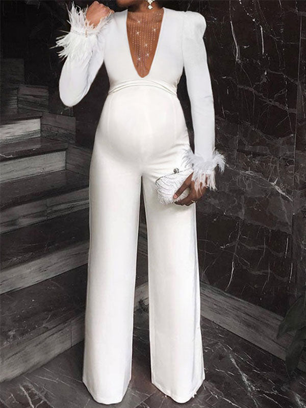 Momyknows White Feather Splicing High Waist V-Neck Long Sleeve Elegant Bodycon Evening Baby Shower Maternity Jumpsuit