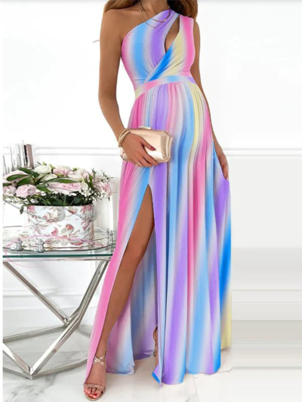 Momyknows Rainbow Pink & Blue Off Shoulder Cut Out Ruffle Slit Side Irregular Gender Reveal Dress Maternity Maxi Dress