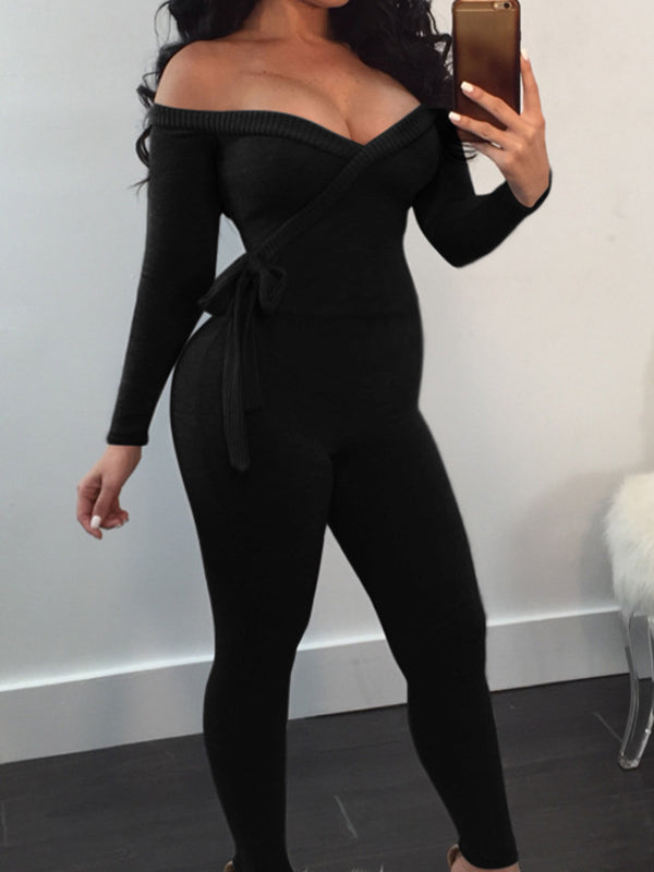 Momyknows Solid Off Shoulder Sashes V-Neck Long Sleeve Club One Piece Maternity Jumpsuit Romper