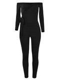 Momyknows Solid Off Shoulder Sashes V-Neck Long Sleeve Club One Piece Maternity Jumpsuit Romper