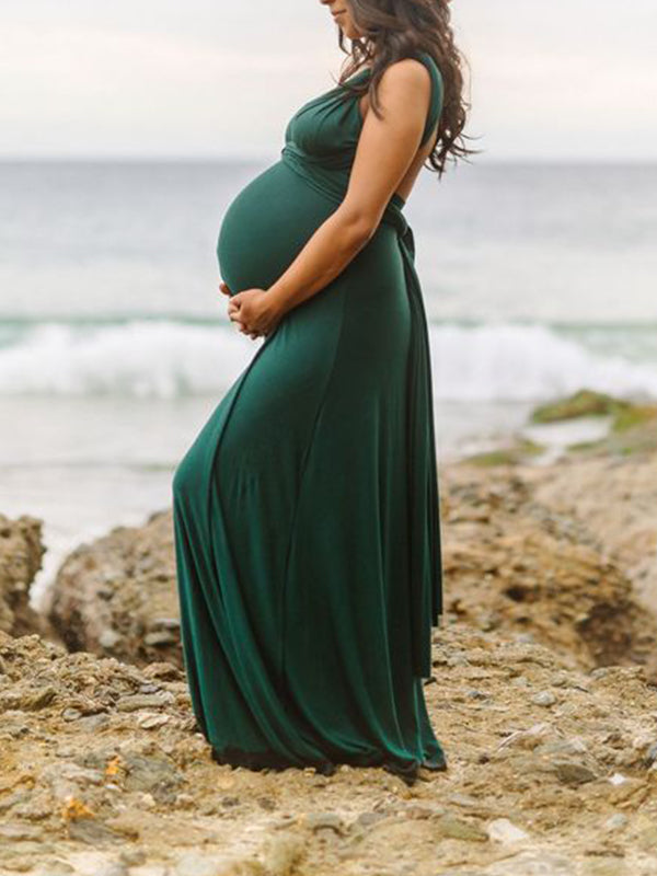 Momyknows Dark Green Spaghetti Strap Backless V-Neck Party Baby Shower Maternity Maxi Dress