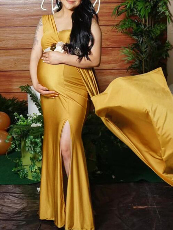 Momyknows Off Shoulder Backless Irregular Side Slit Party Gown Baby Shower Maternity Maxi Dress