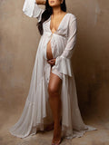 Momyknows Ruffle Falbala Drawstring Chiffon Robe Photoshoot Maternity Maxi Dress