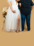 Momyknows White Tulle Ruffle Side Slit V-Neck Plus Size Photoshoot Maternity Maxi Dress