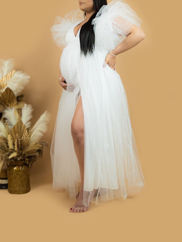 Momyknows White Tulle Ruffle Side Slit V-Neck Plus Size Photoshoot Maternity Maxi Dress