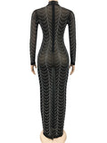 Momyknows Black Rhinestone Bodycon Mesh Long Sleeve Evening Gown Photoshoot Plus Size Club Maternity Maxi Dress