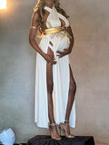 Momyknows Off Shoulder Backless Side Slit Embroidery V-Neck Photoshoot Maternity Maxi Baby Shower Dress