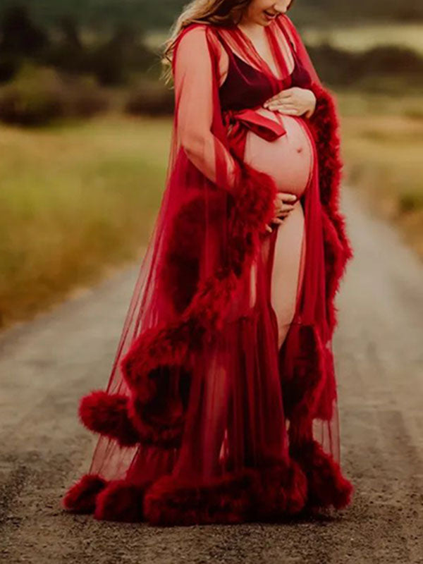 Momyknows Burgundy Tulle Fur Ribbon Robe Photoshoot Maternity Maxi Dress