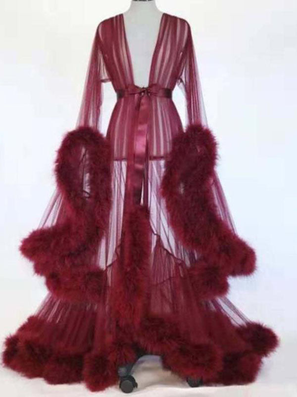 Momyknows Burgundy Tulle Fur Ribbon Robe Photoshoot Maternity Maxi Dress