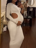 Momyknows One Shoulder Cut Out Irregular Bodycon Long Sleeve Fashion Baby Shower Maternity Maxi Dress