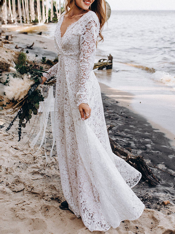 Momyknows White Lace Backless V-Neck Long Sleeve Bridesmaid Photoshoot Maternity Maxi Dress