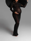 Momyknows Black Bright Wire Backless Cut Out Side Slit Bodycon Long Sleeve Photoshoot Maternity Maxi Dress