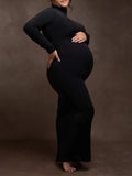 Momyknows Black High Neck Long Sleeve Plus Size Photoshoot Maternity Maxi Dress