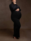 Momyknows Black High Neck Long Sleeve Plus Size Photoshoot Maternity Maxi Dress
