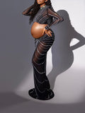 Momyknows Black Mesh Rhinestone High Neck Crop 2-in-1 Midriff Bodycon Long Sleeve Photoshoot Evening Plus Size Maternity Maxi Dress