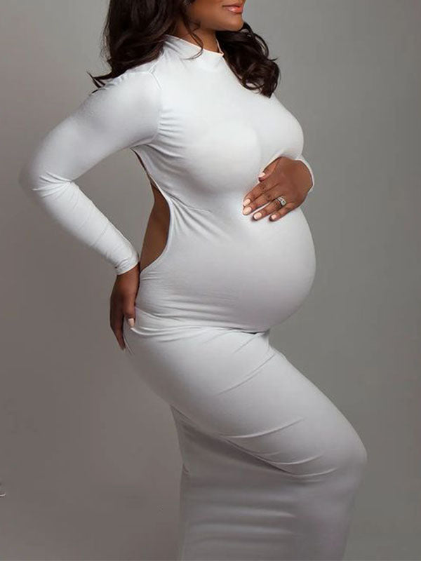 Momyknows White Cut Out High Neck Backless Long Sleeve Bodycon Plus Size Photoshoot Maternity Maxi Dress