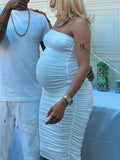 Momyknows White Spaghetti Strap Bandeau Backless Ruffle Bodycon Cute Baby Shower Maternity Midi Dress