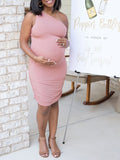 Momyknows Off Shoulder Ruffle Pink Irregular Bodycon Baby Shower Maternity Midi Dress