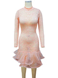 Momyknows Cream Lace Ruffle Falbala Tulle Splicing Mermaid Long Sleeve Bodycon Baby Shower Maternity Midi Dress