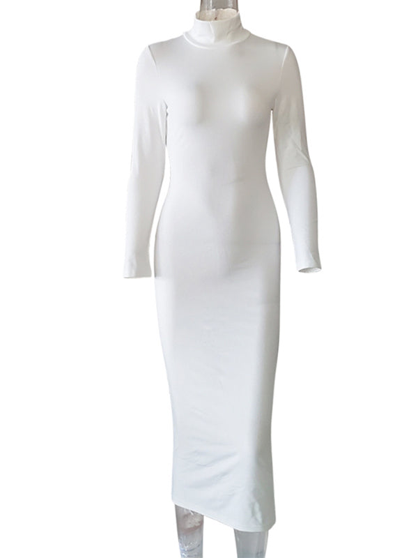 Momyknows White High Neck Long Sleeve Bodycon Cute Baby Shower Maternity Midi Dress