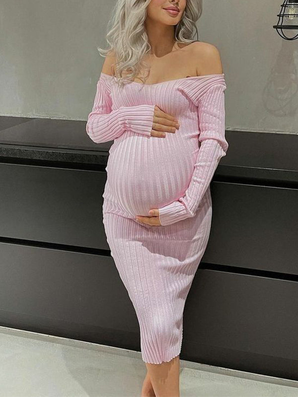 Momyknows Pink Sweater Off Shoulder V-Neck Long Sleeve Bodycon Baby Shower  Maternity Midi Dress