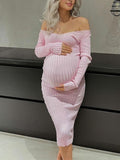 Momyknows Pink Sweater Off Shoulder V-Neck Long Sleeve Bodycon Cute Baby Shower Maternity Midi Dress