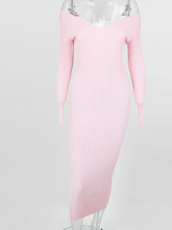 Momyknows Pink Sweater Off Shoulder V-Neck Long Sleeve Bodycon Cute Baby Shower Maternity Midi Dress
