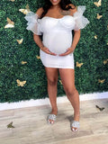Momyknows Off Shoulder Ruffle Tulle Splicing Bodycon Party Baby Shower Maternity Mini Dress